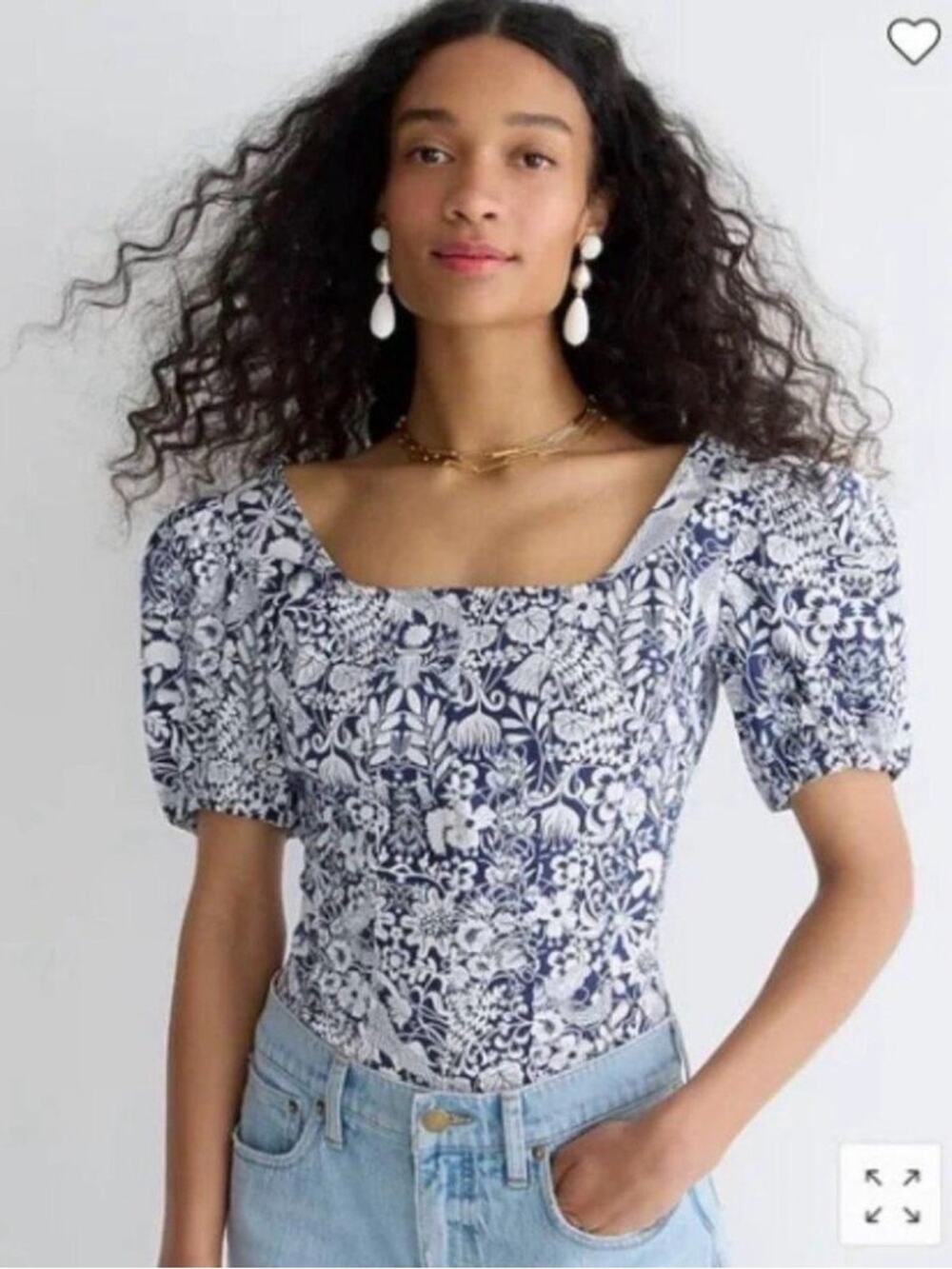 J.CREW Puff Sleeve Cotton Poplin Squareneck Top Mermaid Floral summer blouse 0